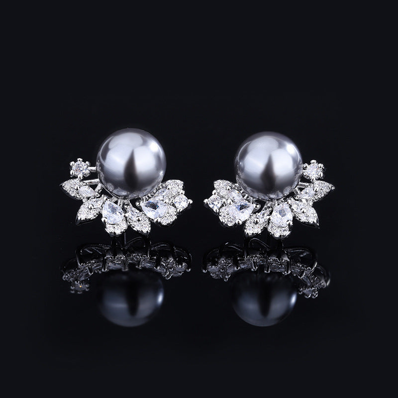 S925 Silver Earrings Hypoallergenic-Flower with Cubic Zirconia -10mm Pearl Earrings for Womens Girls -White-Gray