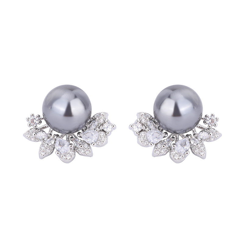 S925 Silver Earrings Hypoallergenic-Flower with Cubic Zirconia -10mm Pearl Earrings for Womens Girls -White-Gray