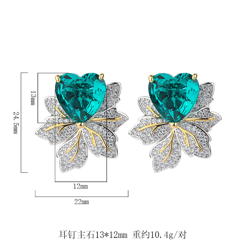 S925 Silver Earrings Hypoallergenic-Maple Leaves with Heart Cubic Zirconia for Womens Girls -Pink -Blue