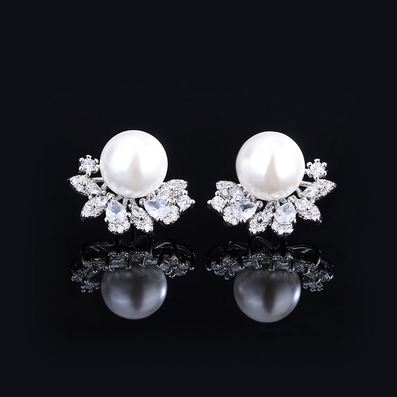 S925 Silver Earrings Hypoallergenic-Flower with Cubic Zirconia -10mm Pearl Earrings for Womens Girls -White-Gray