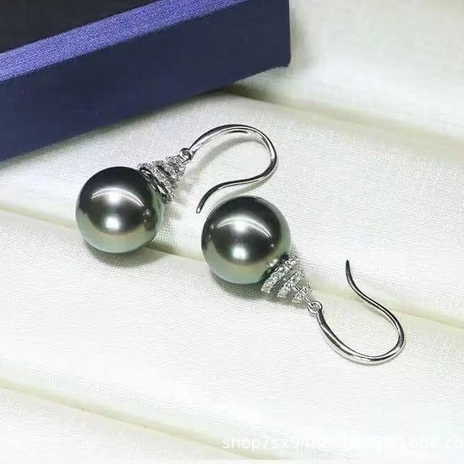 S925 Silver Earrings Hypoallergenic- 14mm Seashell Pearl Earring Hooks- Cubic Zirconia for Womens Girls -White -Dark green