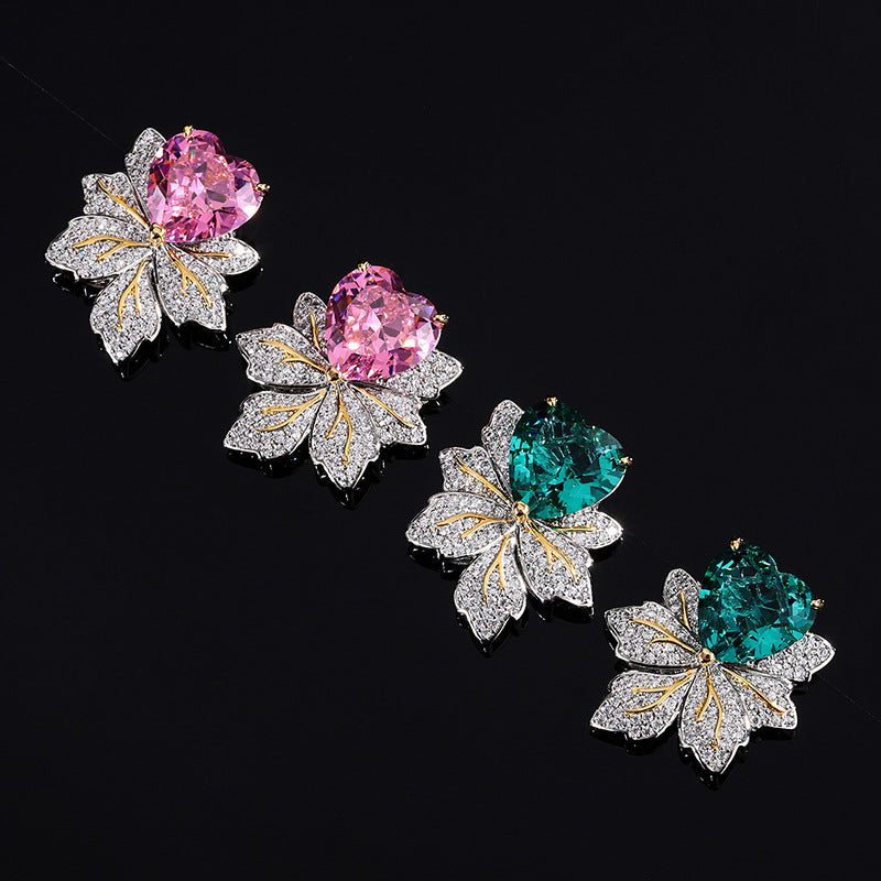 S925 Silver Earrings Hypoallergenic-Maple Leaves with Heart Cubic Zirconia for Womens Girls -Pink -Blue