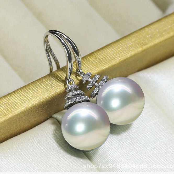 S925 Silver Earrings Hypoallergenic- 14mm Seashell Pearl Earring Hooks- Cubic Zirconia for Womens Girls -White -Dark green