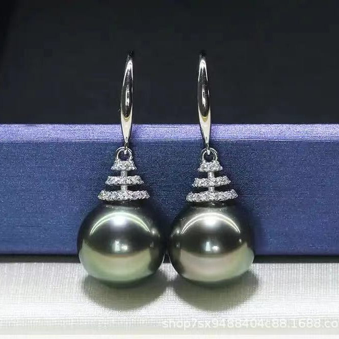 S925 Silver Earrings Hypoallergenic- 14mm Seashell Pearl Earring Hooks- Cubic Zirconia for Womens Girls -White -Dark green