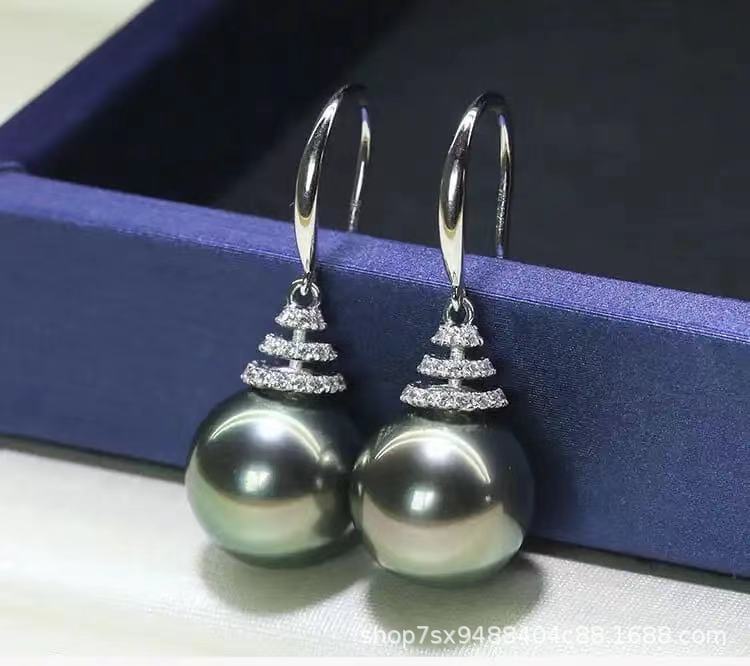 S925 Silver Earrings Hypoallergenic- 14mm Seashell Pearl Earring Hooks- Cubic Zirconia for Womens Girls -White -Dark green